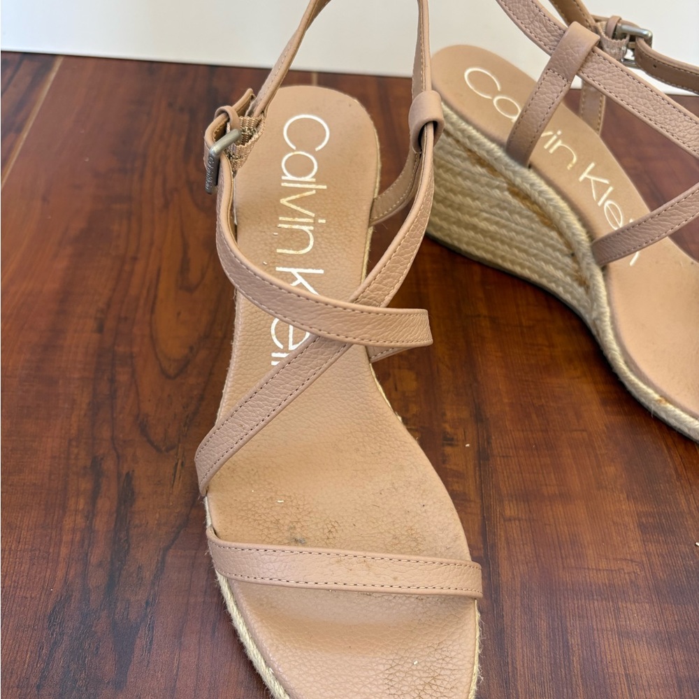 Calvin Klein Nude Tan Strappy Wedge Espadrille Sandals - Picture 2 of 7